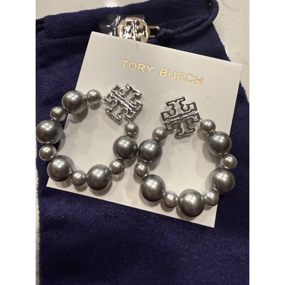 Tory Burch Earrings 86972 022 Britten Gray Pearl Moondance Statement Logo w Bag